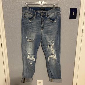 Judy Blue boyfriend distressed paint splatter jeans. Full length rolled up
